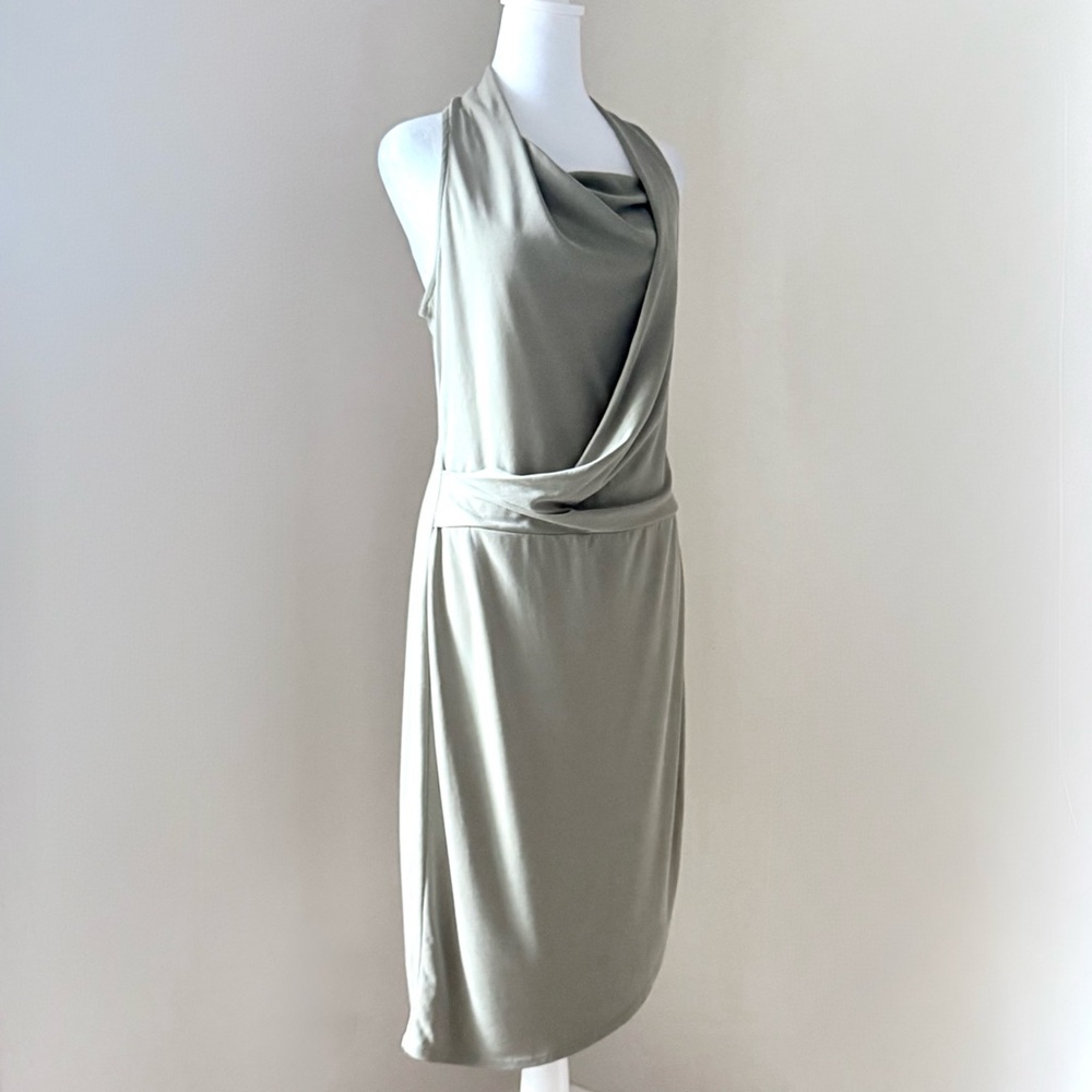 NWT Halston Heritage Asymmetrical Draped Cowl Neck Midi Dress Sage Khaki Green M - Picture 3 of 16